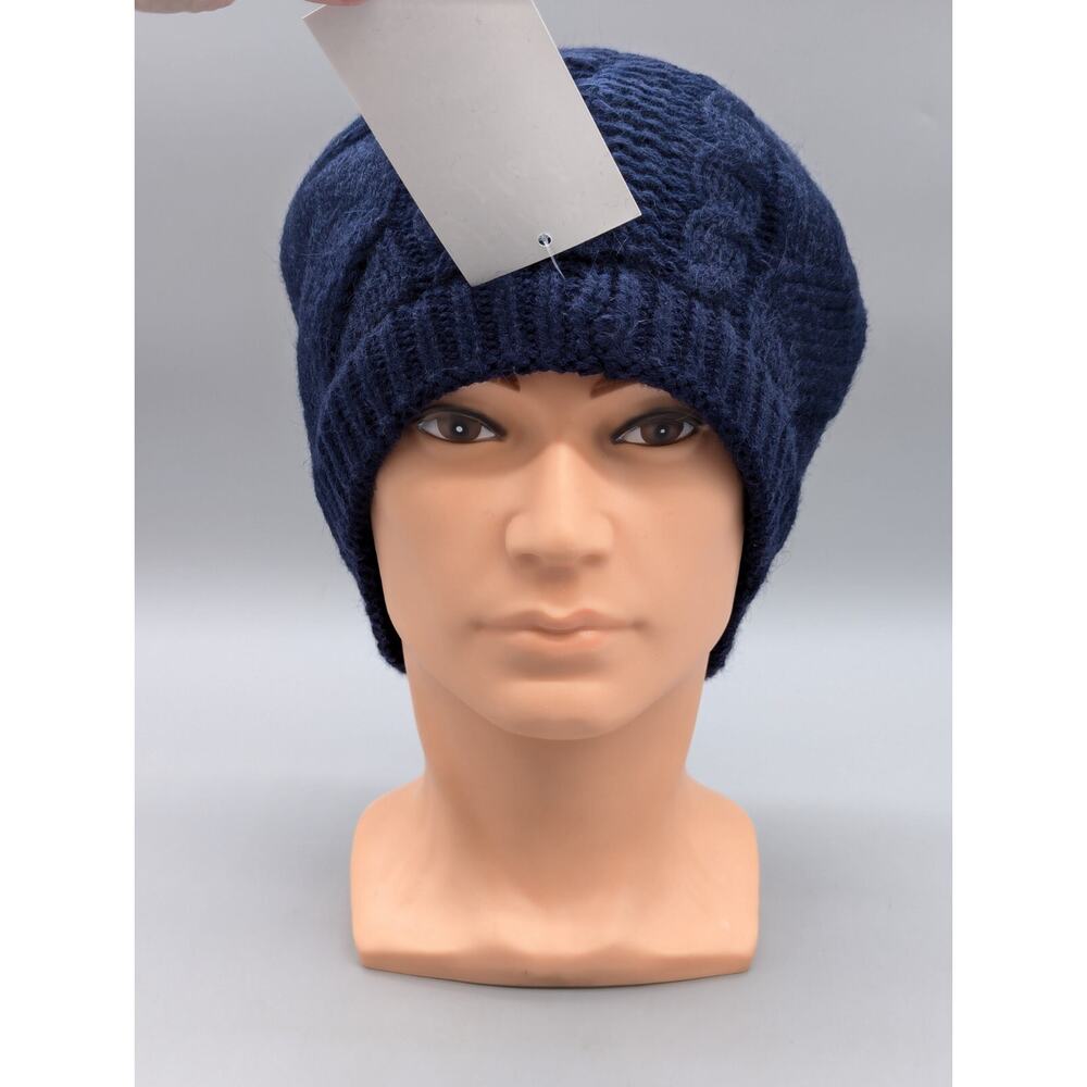 Han Hat Women's Navy Blue Angora & Wool Lined Brimmed Beanie Knit Bucket Cap